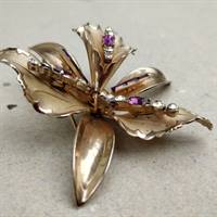 blomst guldfarvet sten klare retro broche brosch vintage jewellery